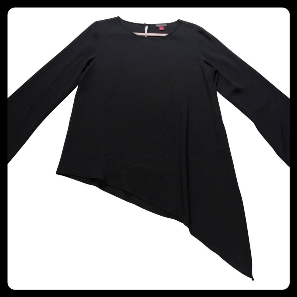 Vince Camuto Asymmetrical Hem Blouse Womens Medium Black Long Sleeve Tunic Top